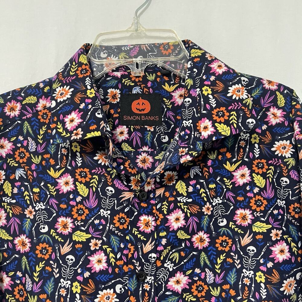 Simon Banks Multicolor Halloween Skeleton Floral Button Down Shirt Men's M - Picture 2 of 11